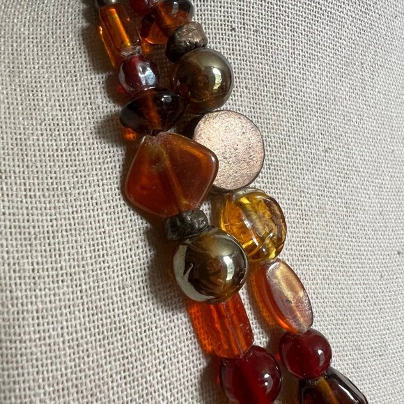Boho Glass Beaded Fall Colors Red Orange Honey Amber Brass Tone Costume Necklace - Picture 5 of 8